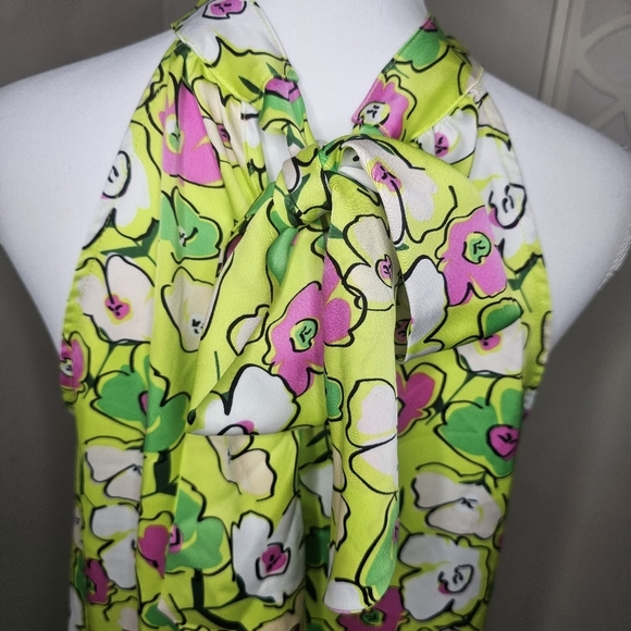THML Scarf Print Halter Neck Tie Back Sleeveless Chartreuse Floral Y2K Blouse - Picture 9 of 13